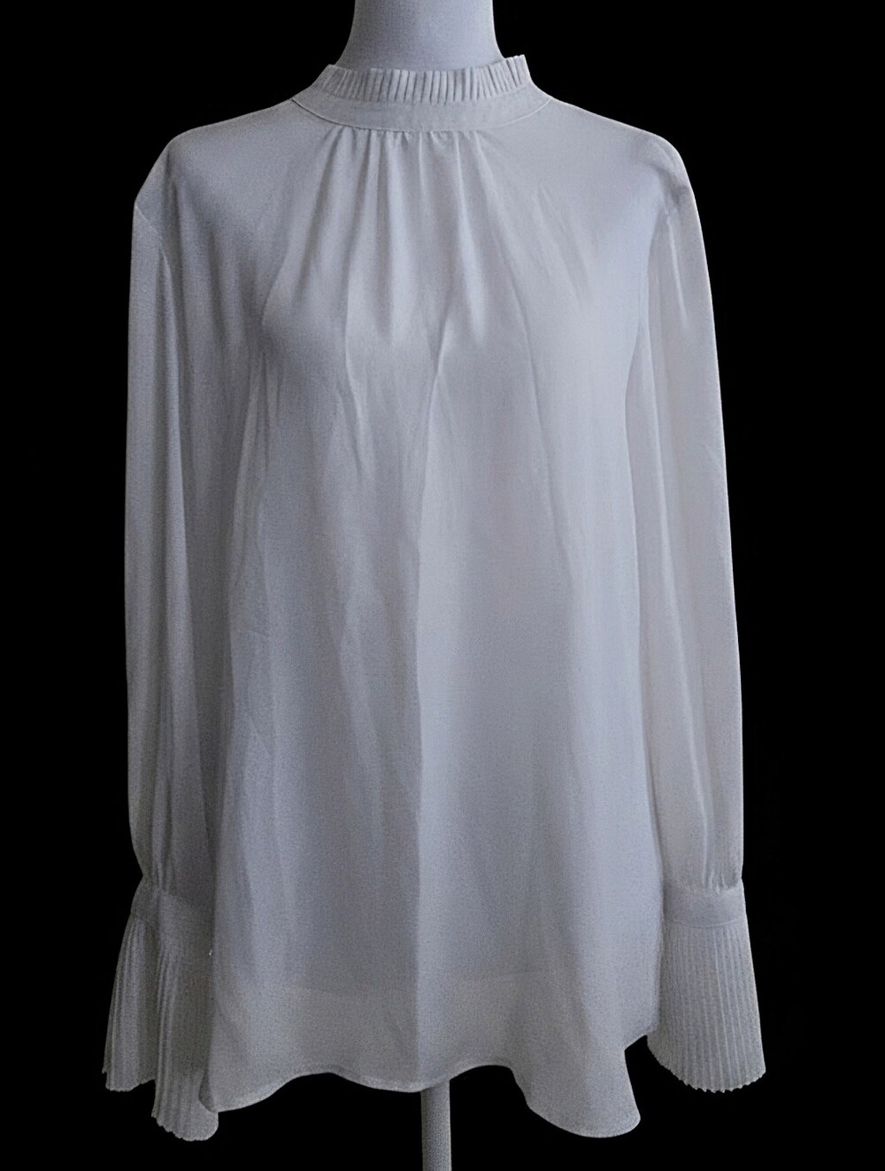 Calvin Klein White Pleated-Neck Long Sleeve Blouse Size S